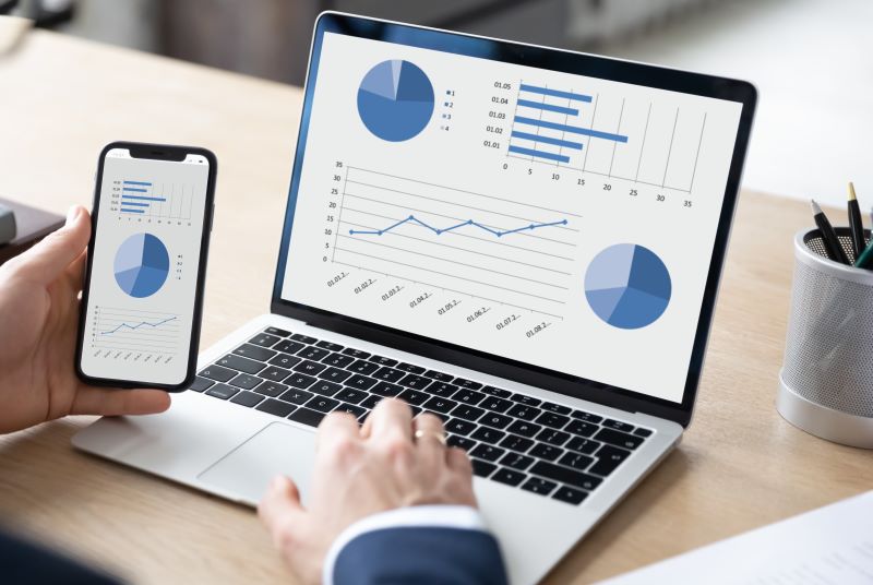 Realtor analyzing graphs on a laptop